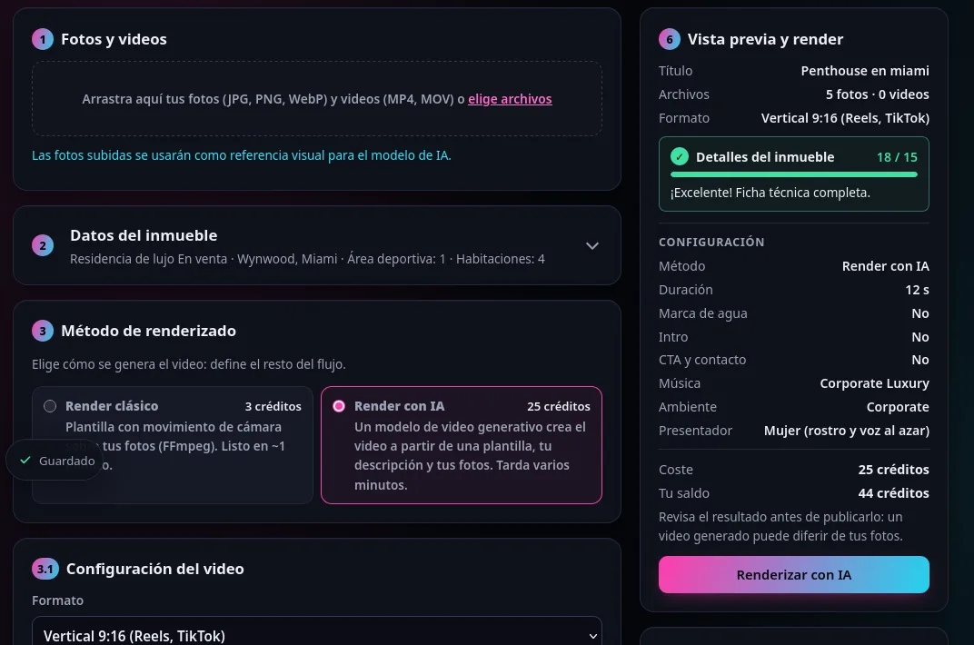 Editor de Property Creator Studio: fotos, datos del inmueble, método de render y vista previa con el costo en créditos