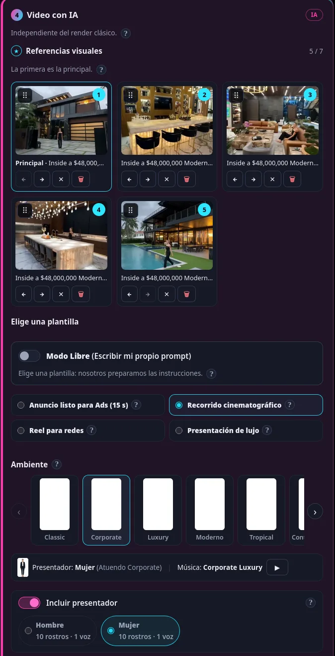 Video con IA en el editor: referencias visuales, plantillas, ambientes y presentador