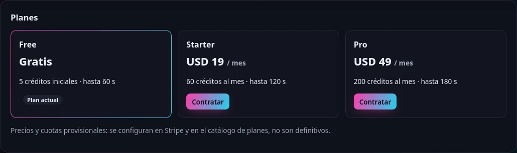 Planes Free, Starter y Pro dentro de la aplicación