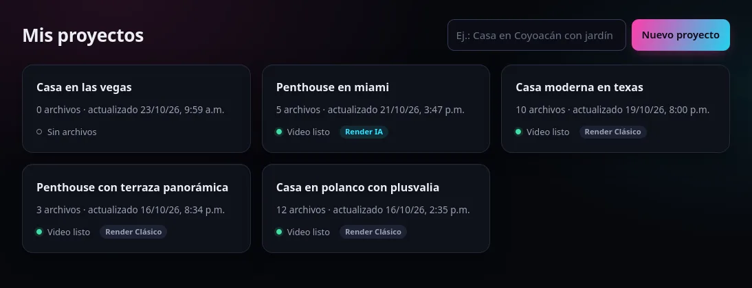 Lista de proyectos con el estado de cada video (listo, render IA o clásico)